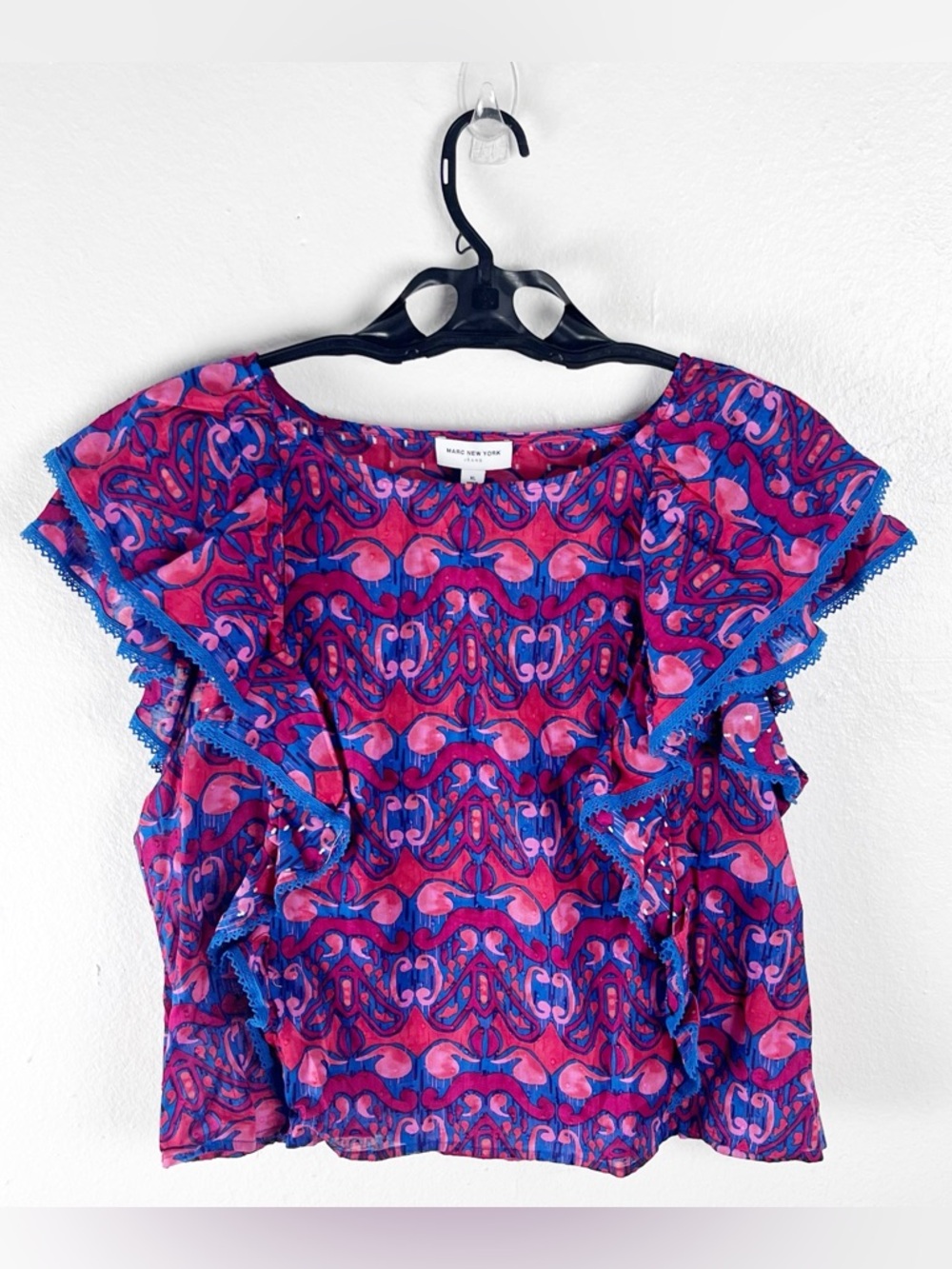 MARC NEW YORK Blue Pink Short Sleeves Geometric Print Ruffles Top Size XL
